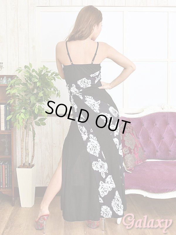 画像11: フロントシンメトリードレープ*モノクロローズ柄エステルロングドレス*2color (11)