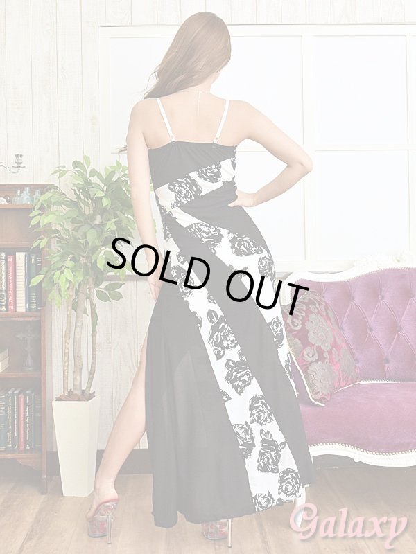 画像5: フロントシンメトリードレープ*モノクロローズ柄エステルロングドレス*2color (5)