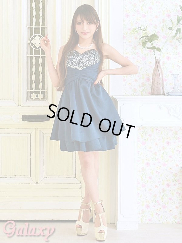 画像2: 銀糸入りペイズリーフラワー柄ケミカルレース*タック入り上品Ａラインミ二ドレス (2)