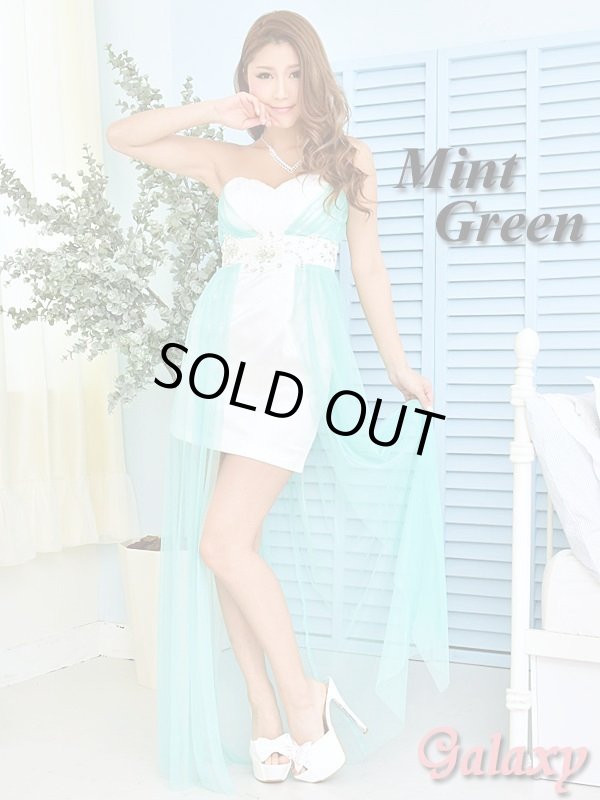 画像2: Back編み上げ*オーロラビジュー付薔薇柄レース装飾*パステルカラーチュール重ねサテンミニinロングドレス*2color (2)