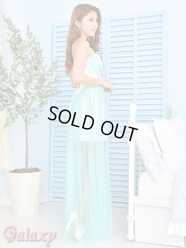 画像4: Back編み上げ*オーロラビジュー付薔薇柄レース装飾*パステルカラーチュール重ねサテンミニinロングドレス*2color (4)