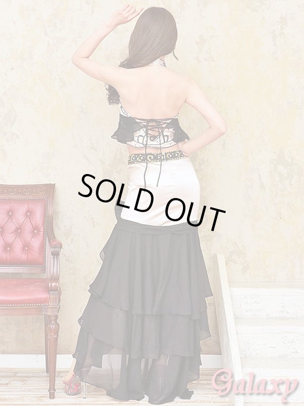 画像5: 艶サテン*ビーズ装飾*シフォンフリル*でかリボン付き*2ピースロングドレス (5)