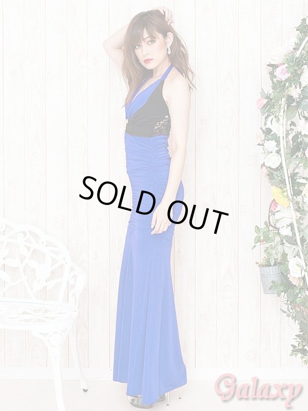 画像9: GOLDバックル付*バイカラーギャザーマーメイドラインホルターロングドレス*2color (9)