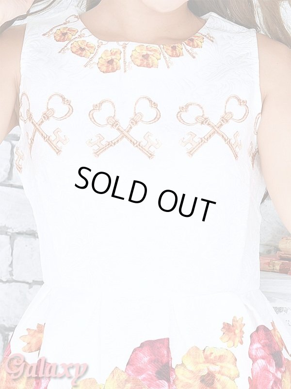 画像7: アンティーク調*フラワー柄*ノースリAラインミニワンピース (7)