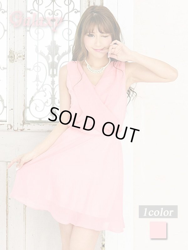 画像1: フロントカシュクール風*シフォンノースリーブミニワンピースドレス (1)