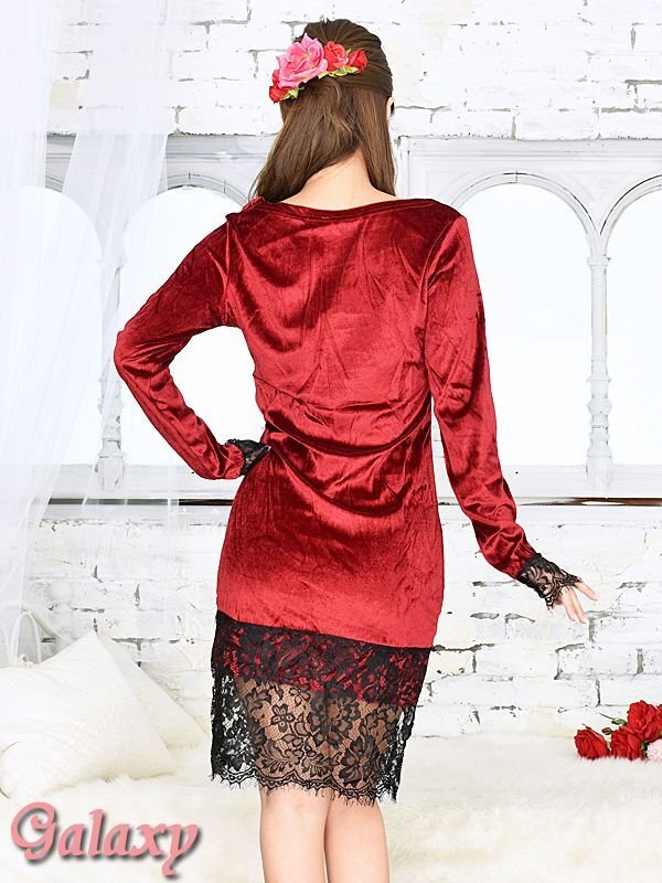 画像14: 袖口&裾レース*ベルベット調*ストレッチ長袖ミニワンピース*2color*M/L (14)
