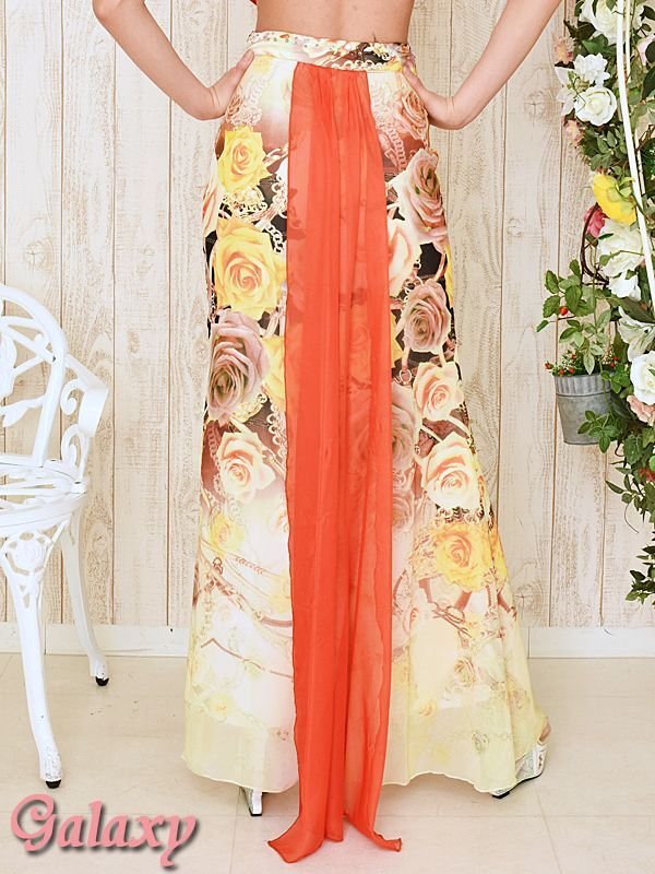 画像11: 胸元サテンプリーツ*チェーン＆ローズ柄*バックテールデザイン*シフォンロングドレス *1color (11)