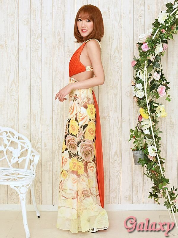 画像3: 胸元サテンプリーツ*チェーン＆ローズ柄*バックテールデザイン*シフォンロングドレス *1color (3)