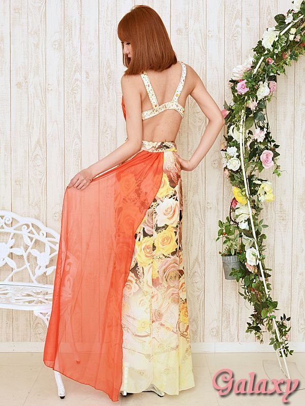 画像4: 胸元サテンプリーツ*チェーン＆ローズ柄*バックテールデザイン*シフォンロングドレス *1color (4)