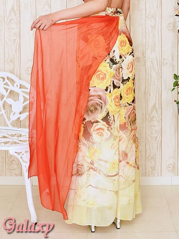 画像12: 胸元サテンプリーツ*チェーン＆ローズ柄*バックテールデザイン*シフォンロングドレス *1color (12)