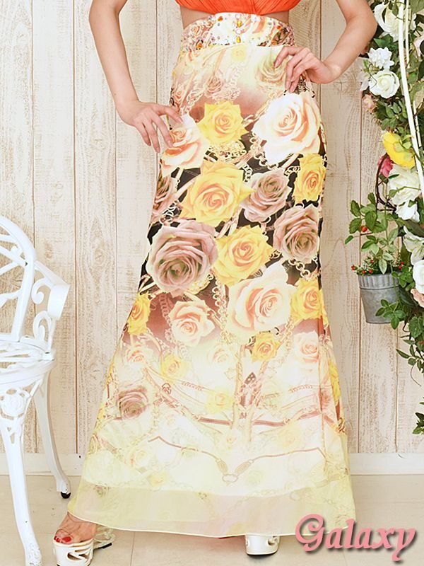 画像10: 胸元サテンプリーツ*チェーン＆ローズ柄*バックテールデザイン*シフォンロングドレス *1color (10)