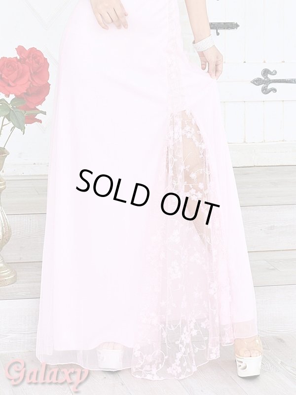 画像10: ラメドット入り刺繍花柄チュール重ね*レーススリット*ホルターロングドレス*1color (10)