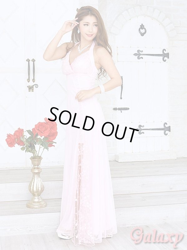 画像3: ラメドット入り刺繍花柄チュール重ね*レーススリット*ホルターロングドレス*1color (3)