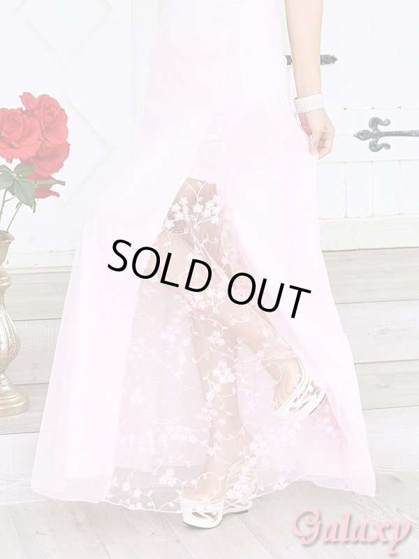 画像9: ラメドット入り刺繍花柄チュール重ね*レーススリット*ホルターロングドレス*1color (9)