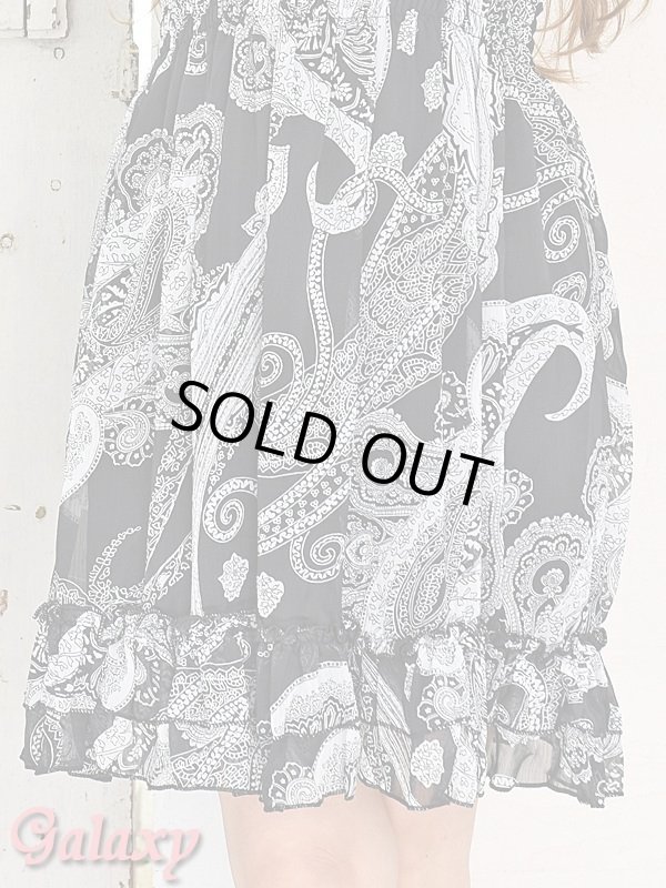 画像18: モノクロオリエンタル柄シフォン*胸元シャーリング*リゾート*ミニワンピース*2color (18)