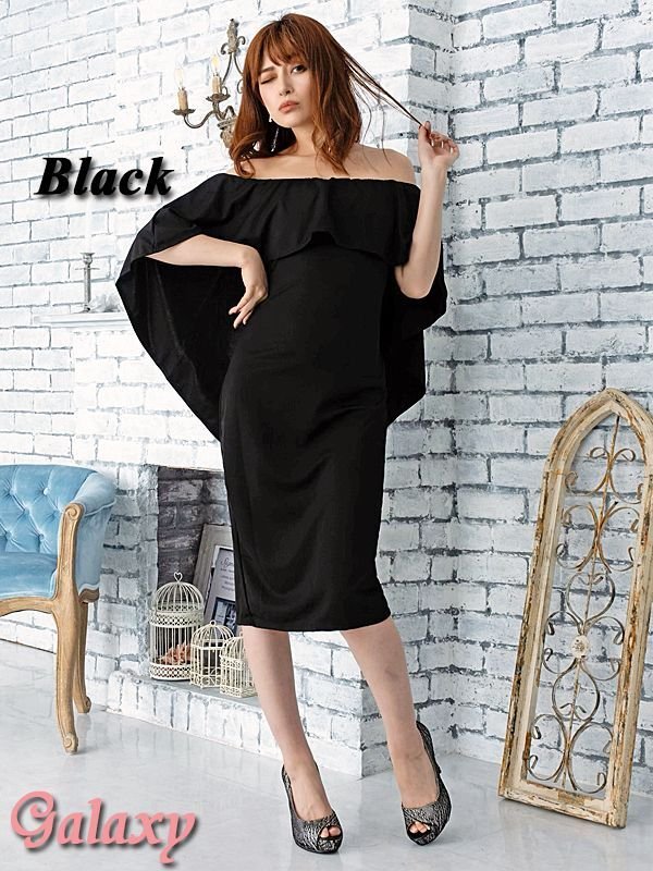 画像30: ボレロ風アシンメトリー*フリルオフショルデザイン*シンプルワンカラー*ミディアム丈ワンピース*5color*S/M/L/XL/XXL (30)