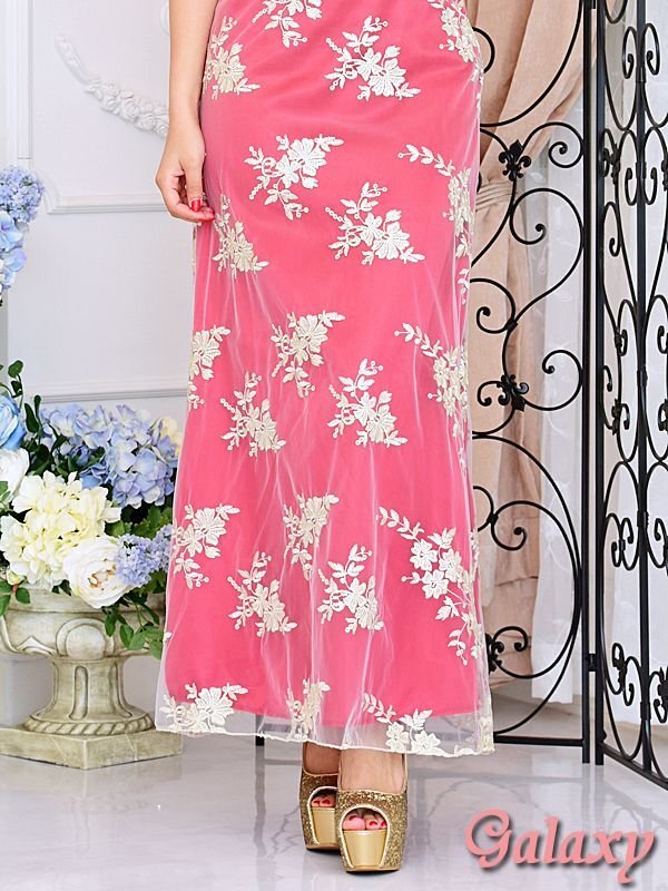 画像21: GOLDバックル付フェイクベルト*可憐フラワー刺繍入りチュールレース重ねストレッチサテンロングドレス*2color*M/L (21)