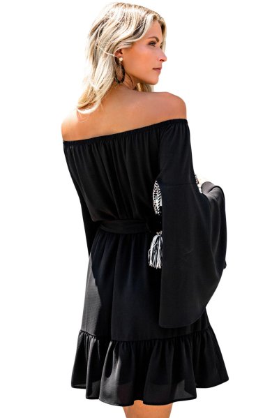 画像2: ベルト付き*ロングスリーブオフショルデザイン*ベルスリーブ*ティアードフリル*カジュアルワンピース*S/M/L/XL/XXL