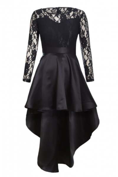 画像1: 【上質】長袖総レース＆サテン切替*シンプルワンカラー*ミニロングレイヤー*イブニングドレス*1color