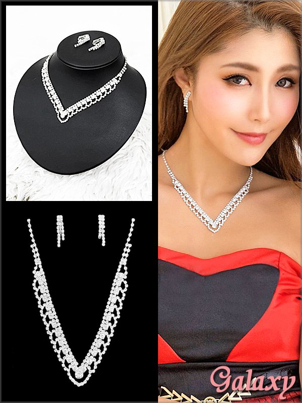 画像1: Vラインデザイン*ラインストーンアクセサリー2点セット【ネックレス・イヤリング】 (1)