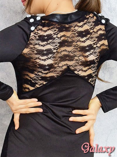 画像2: 背中透けレース*肩ビジュー盛り*レース合皮切替ストレッチSEXY長袖ミニワンピース*1color