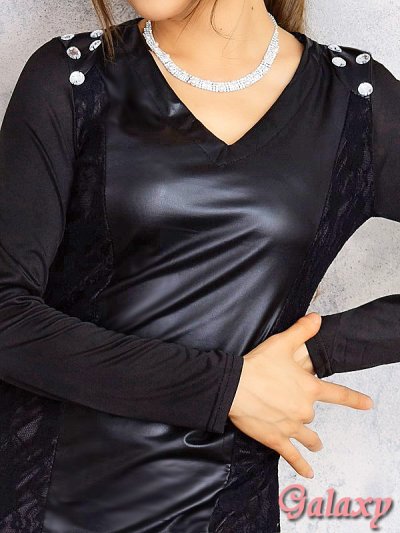 画像1: 背中透けレース*肩ビジュー盛り*レース合皮切替ストレッチSEXY長袖ミニワンピース*1color