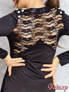 画像11: 背中透けレース*肩ビジュー盛り*レース合皮切替ストレッチSEXY長袖ミニワンピース*1color (11)