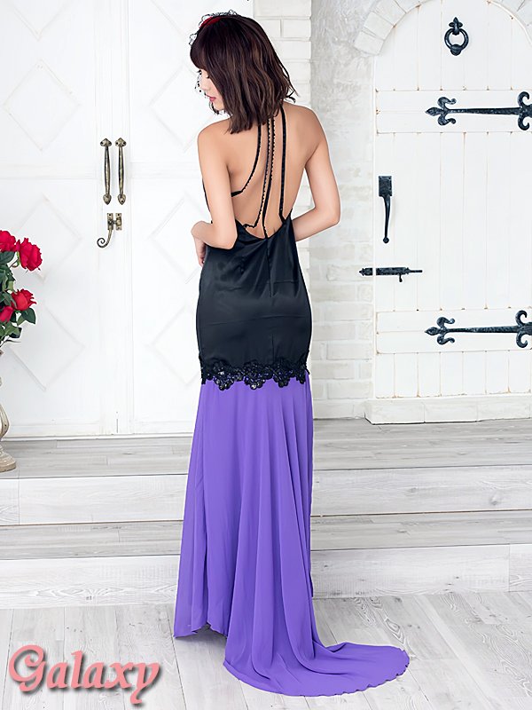 画像4: スパン刺繍レースサテン切り替えシフォンロングドレス*1color (4)