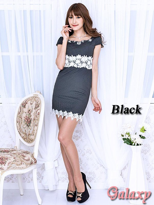 画像8: 【Rich or Die】フラワーモチーフビジュー付*フラワーレース装飾*モノクロボーダータイトバイカラーミニドレス*2color (8)