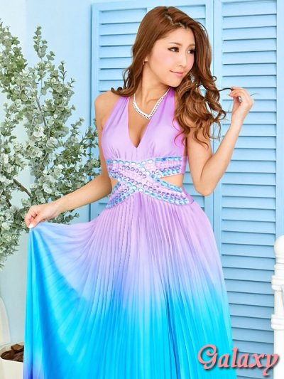 画像1: SEXYサイドカット*極上カラフルストーン*グラデーションプリーツサテンロングドレス*1color