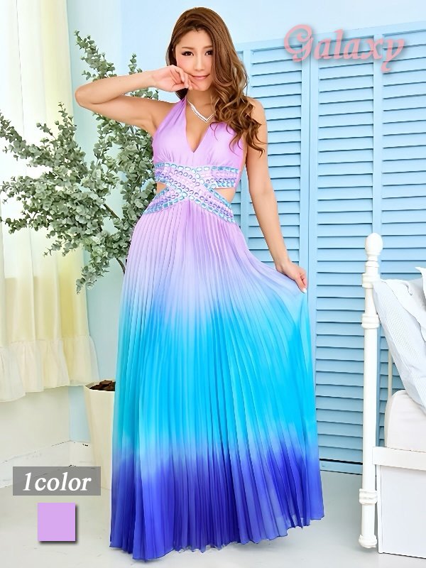 画像1: SEXYサイドカット*極上カラフルストーン*グラデーションプリーツサテンロングドレス*1color (1)