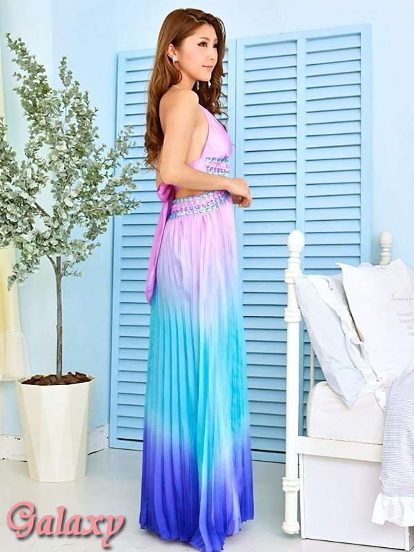 画像3: SEXYサイドカット*極上カラフルストーン*グラデーションプリーツサテンロングドレス*1color (3)