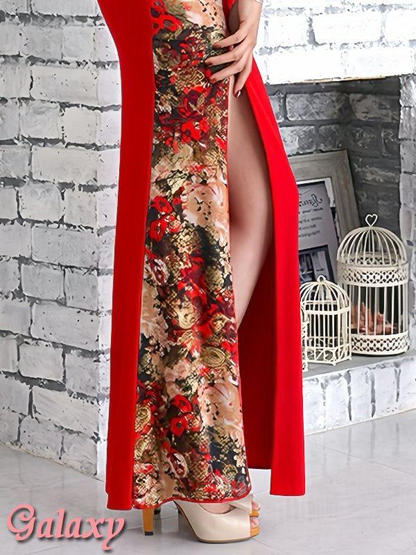 画像13: 大粒ビジュー*金箔ラメプリント*和風花柄*ワンショルダーギャザー入り大胆スリット*マーメイドロングドレス*1color (13)