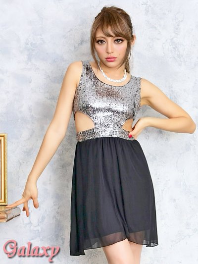 画像1: バックジップ*スパンコール*SEXYサイドカット*シフォンフレアーミニスカート*ミニドレス*1color