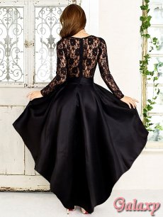 画像5: 長袖総レース＆サテン切替*シンプルワンカラー*ミニロングレイヤー*イブニングドレス*1color (5)