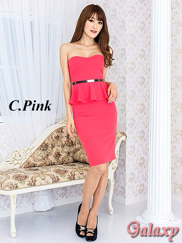 画像8: ペプラムデザイン*ベアトップ*シンプルワンカラー*膝丈タイトドレス*2color (8)