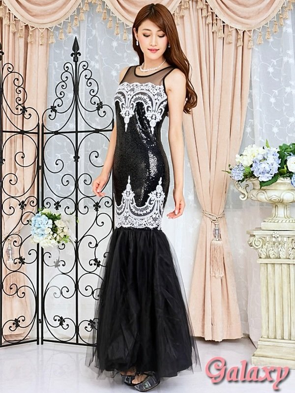 画像3: デコルテ＆バックシースルー*スパンコールレース切替*マーメイドチュール*イブニング*ロングドレス*1color (3)