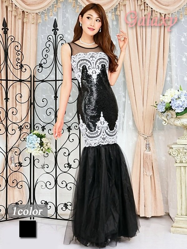 画像1: デコルテ＆バックシースルー*スパンコールレース切替*マーメイドチュール*イブニング*ロングドレス*1color (1)