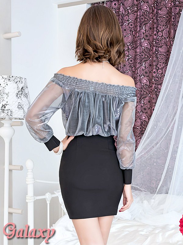 画像18: シースルー袖*オーロラオーガンジー切替*オフショルダー*ミニワンピ*3color*S/M/L/XL (18)