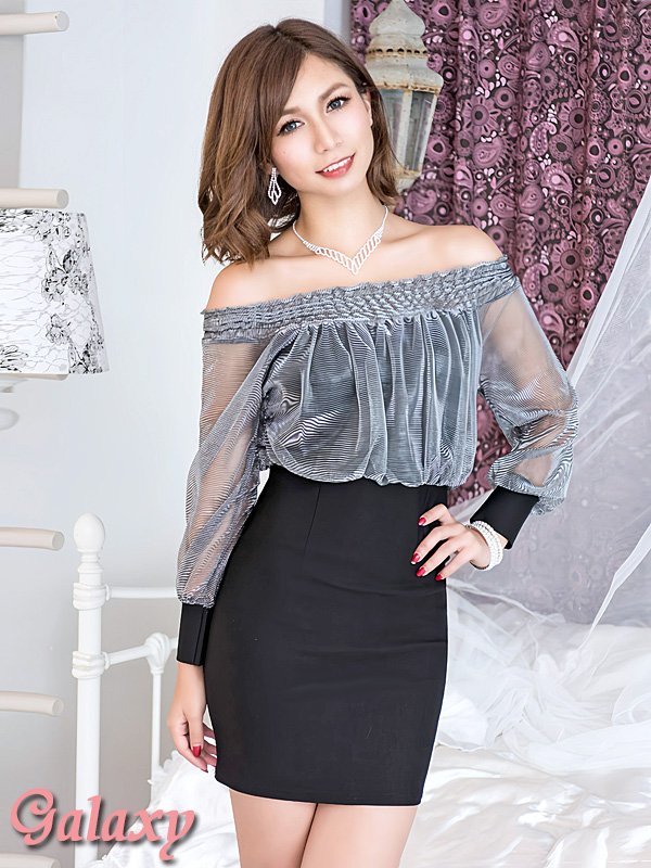 画像13: シースルー袖*オーロラオーガンジー切替*オフショルダー*ミニワンピ*3color*S/M/L/XL (13)