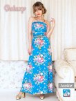 画像1: 【LoveRich】小花和柄*着物帯風バックリボン*ゴールド帯紐付き*タイトフレアー*サテンロングドレス*1color (1)