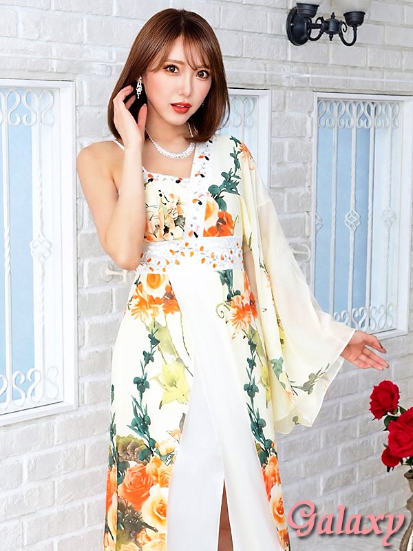 画像4: 【LoveRich】豪華ビジュー*水彩花柄*背中リボン*シフォンワンショル*ミニinロング着物ドレス*1color (4)