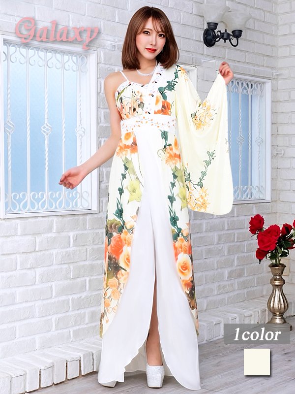 画像1: 【LoveRich】豪華ビジュー*水彩花柄*背中リボン*シフォンワンショル*ミニinロング着物ドレス*1color (1)