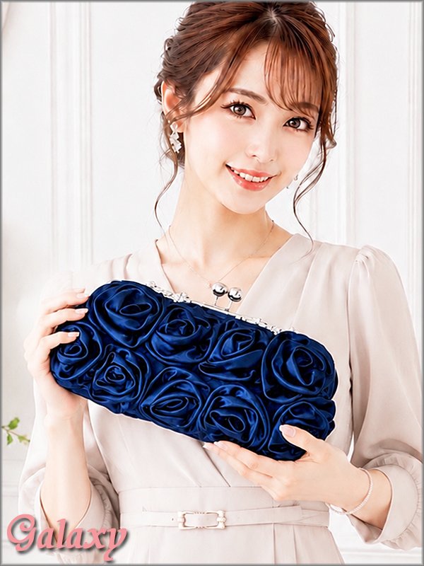 画像10: 3way*チェーンショルダー付き*ローズコサージュ*サテンがま口クラッチバック*1color (10)