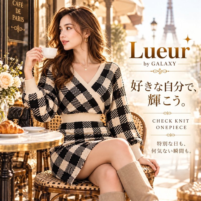 画像3: チェック柄カシュクールニットワンピース｜ブラック×アイボリー｜Lueur by GALAXY