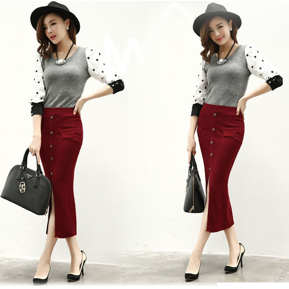 フロントスリット入り飾り釦ミモレ丈タイトスカート Galaxy