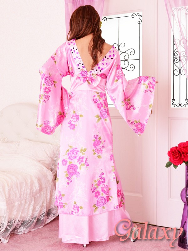 豪華カラービジュ付*淡色花柄花魁ミニinロングサテン着物ドレス*2color 