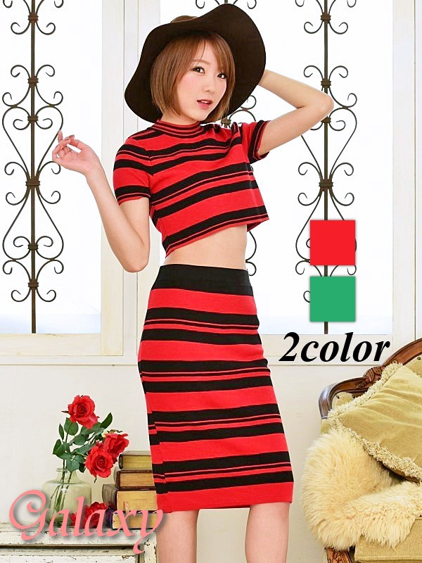 ニット素材*ボーダー柄ショート丈トップス＆スカートセットアップ*2color
